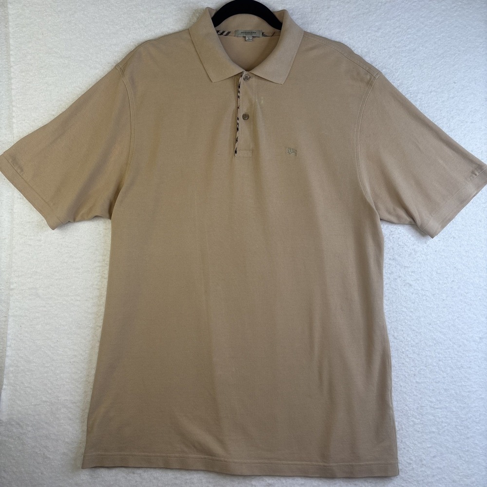 Burberry London Pique Polo Shirt Beige Check Placket Fawn EKD Embroidered L
